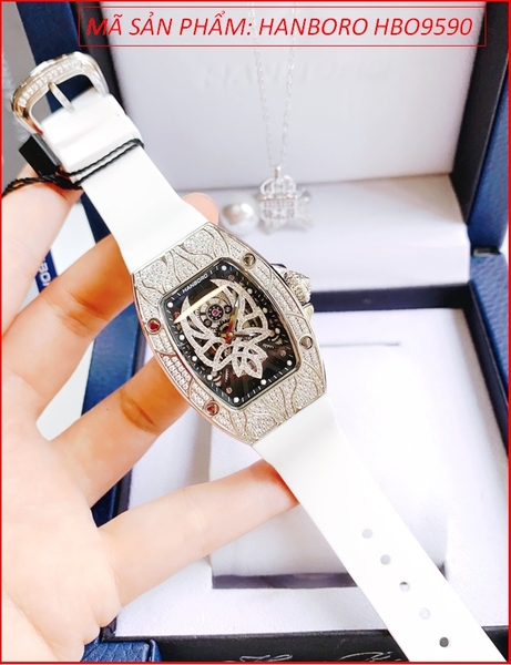 Đồng Hồ Nữ Hanboro Họa Tiết Cánh Tiên Full Đá Dây Silicone Trắng