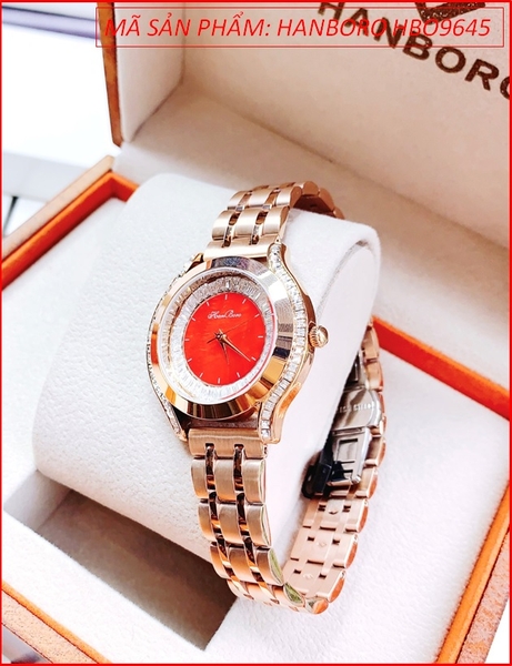 Đồng Hồ Nữ Hanboro Tựa Chopard Mặt Đỏ Dây Kim Loại