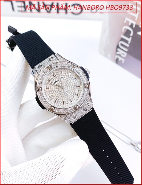 Đồng Hồ Nữ Hanboro Tựa Hublot Mặt Full Đá Swarovski Dây Silicone (34mm)