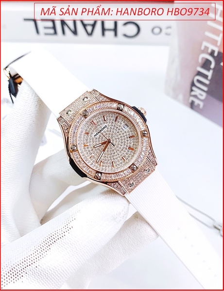 Đồng Hồ Nữ Hanboro Tựa Hublot Mặt Full Đá Rose Gold Dây Silicone (34mm)