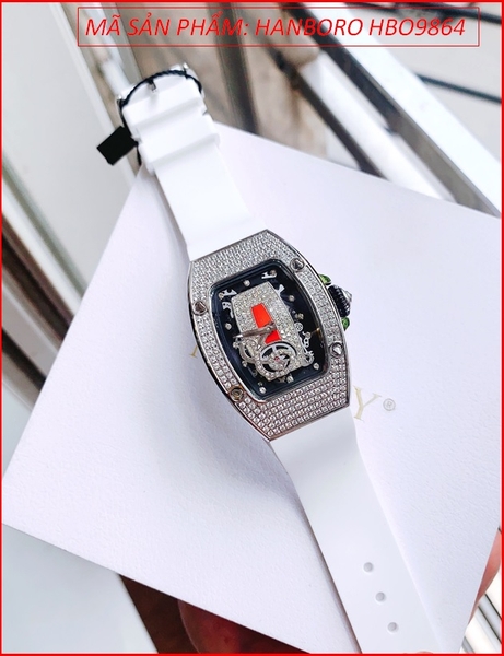 Đồng Hồ Nữ Hanboro Tựa Richard Mille Đính Đá Dây Silicone Trắng (36mm)