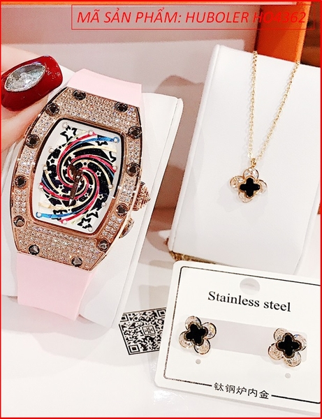 Đồng Hồ Nữ Huboler Mặt Oval Lốc Xoáy Full Đá Dây Silicone Hồng