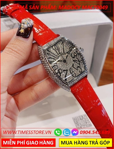 Đồng Hồ Nữ Madocy By Christian Mặt Oval Full Đá Dây Da Vân Đỏ