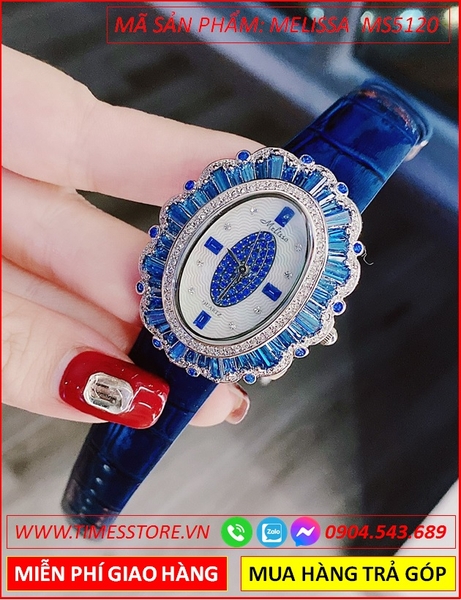 Đồng hồ Nữ Melissa Mặt Elip Swarovski Xanh Dương Dây Da Xanh (38mm)