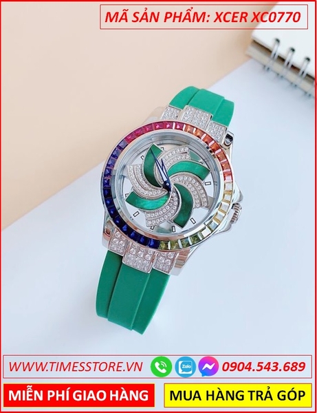 Đồng Hồ Nữ Xcer Mặt Xoay Đính Đá Nhiều Màu Dây Silicone Xanh