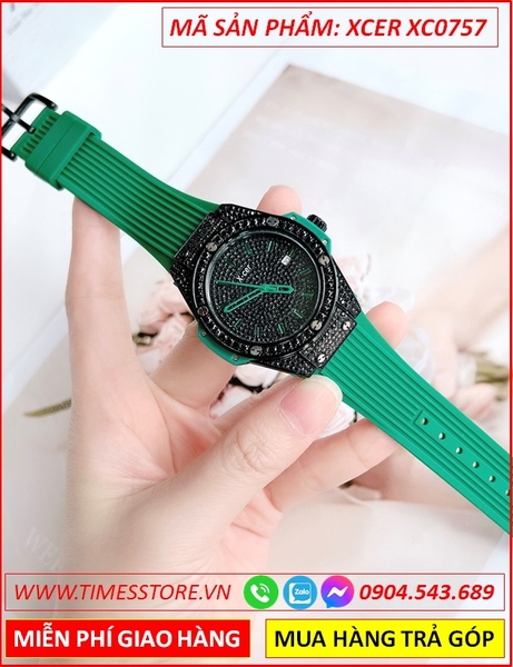 Đồng Hồ Nữ Xcer Tựa Hublot Mặt Full Đá Đen Dây Silicone Xanh Lá (34mm)