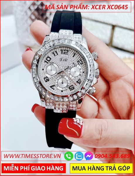 Đồng Hồ Nữ Xcer Tựa Rolex Full Đá Swarovski Dây Cao Su Đen (38mm)