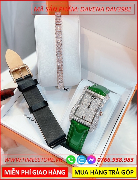 Set Đồng hồ Nữ Davena Đính Full Đá Swarovski Dây Da Xanh Lá