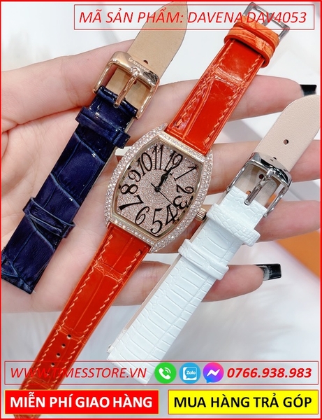 Set Đồng Hồ Nữ Davena Mặt Oval Full Đá Rose Gold Dây Da Cam (36mm)