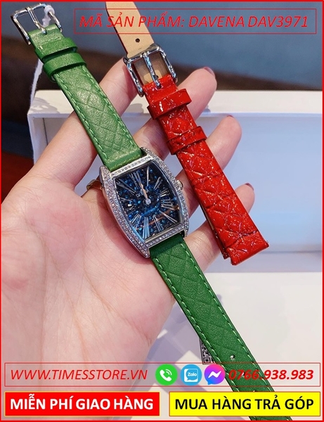 Set Đồng hồ Nữ Davena Mặt Oval Dây Da Xanh Full Đá Swarovski