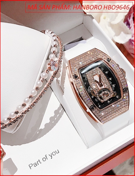 Set Đồng Hồ Hanboro Nữ Mặt Oval Rose Gold Swarovski Dây Silicone (36mm)