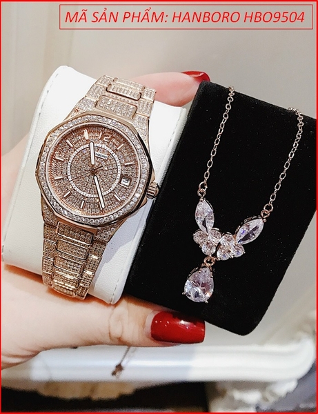 Set Đồng hồ Hanboro Nữ Full Đá Swarovaski Giống Patek Philippe