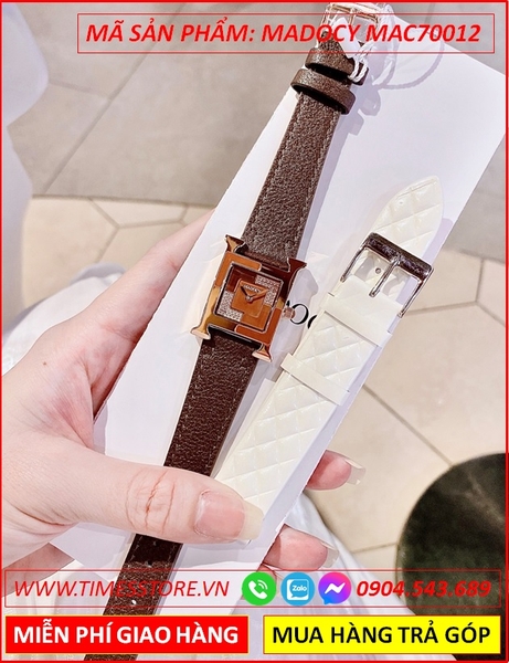 Set Đồng Hồ Madocy Nữ Mặt Vuông Hermes Rose Gold Dây Da Nâu (32mm)