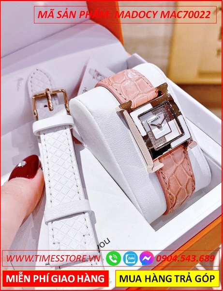 Set Đồng Hồ Madocy Nữ Mặt Vuông Hermes Rose Gold Dây Da Hồng