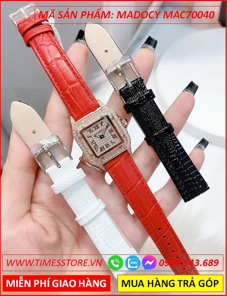 Set Đồng Hồ Madocy Nữ Mặt Vuông Rose Gold Full Đá Dây Da Đỏ
