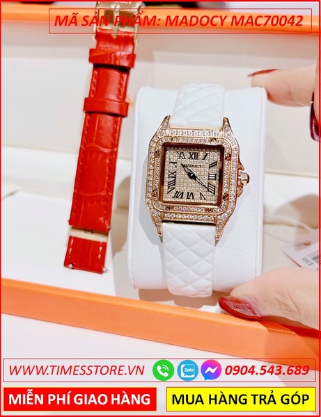 Set Đồng Hồ Madocy Nữ Mặt Vuông Rose Gold Dây Da Trắng
