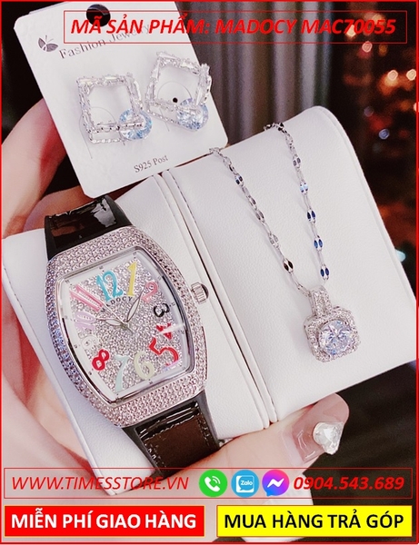 Set Đồng Hồ Madocy Nữ Tựa Franck Muller Vanguard Mặt Full Đá Dây Da (32mm)