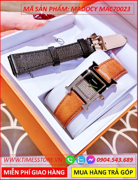 Set Đồng Hồ Madocy Nữ Mặt Vuông Hermes Rose Gold Dây Da Nâu (32mm)