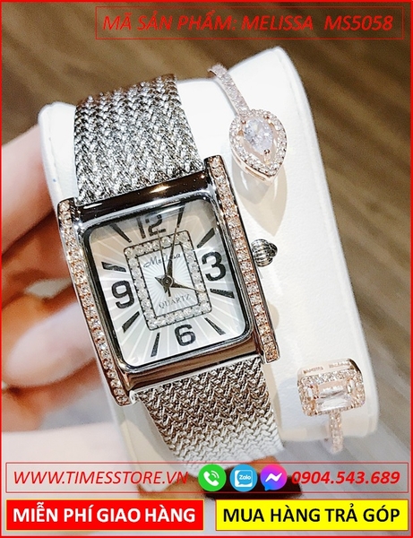 Set Đồng hồ Nữ Melissa Mặt Chữ Nhật Khảm Đá Dây Đeo Mesh Lưới
