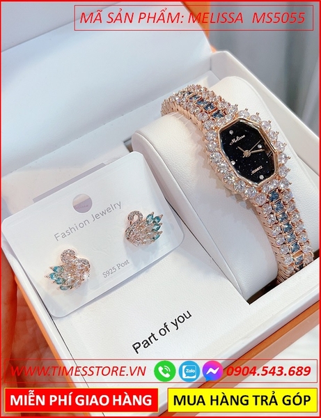 Set Đồng hồ Nữ Melissa Mặt Đen Vòng Tay Swarovski Rose Gold (30mm)