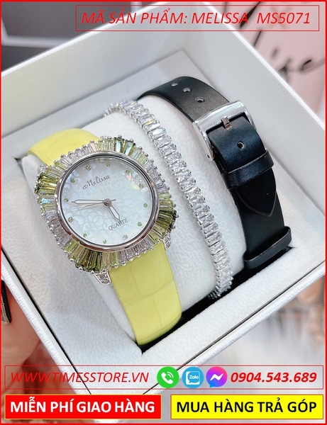 Set Đồng hồ Nữ Melissa Mặt Tròn Đá Pha Lê Dây Da Màu Vàng Chanh
