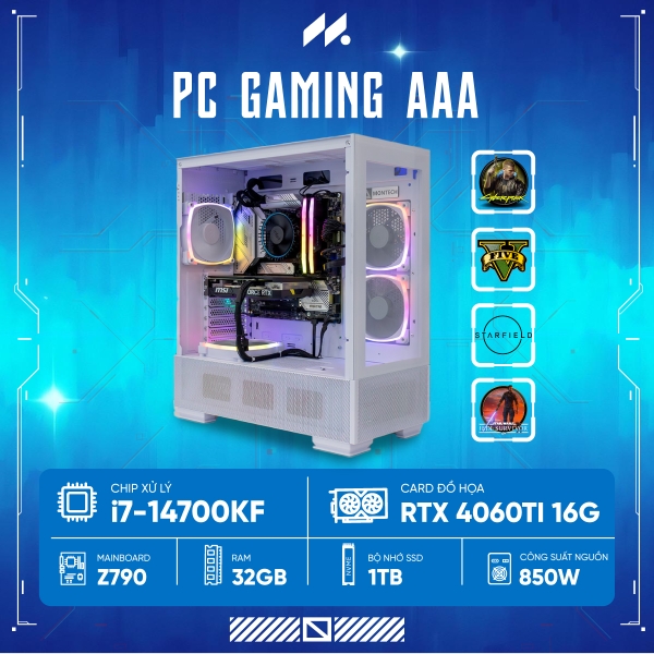 PC GAMING-AAA i7F-4060Ti (i7-14700KF, RTX 4060Ti 16G, Ram 32GB, SSD 1TB, 850W)