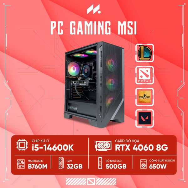 PC Gaming MSI i5K-4060 (i5-14600K, RTX 4060 OC 8G, Ram 32GB DDR4, SSD 512G, 650W)