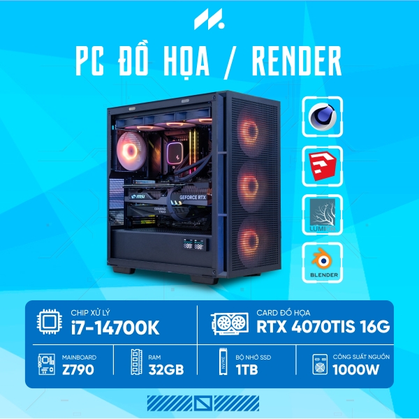 PC RENDER i7-4070 Ti Super (i7-14700K, RTX 4070 Ti Super 16GB, Ram 32GB DDR5, SSD 1TB, 1000W)