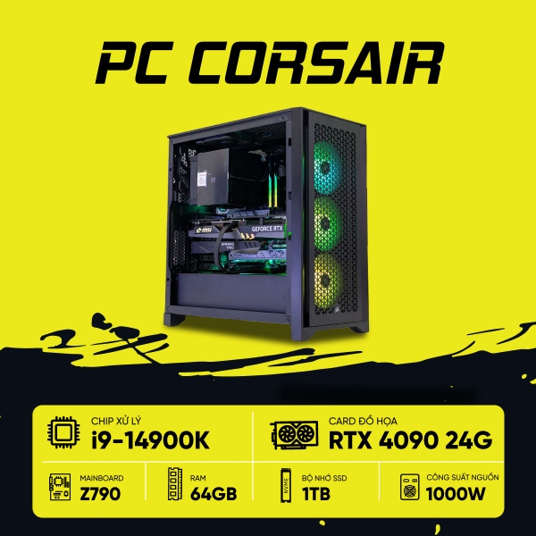 PC GAMING CORSAIR i9 (i9-14900K, RTX 4090 OC 24G, Ram 64GB DDR5, SSD 1TB, 1000W)