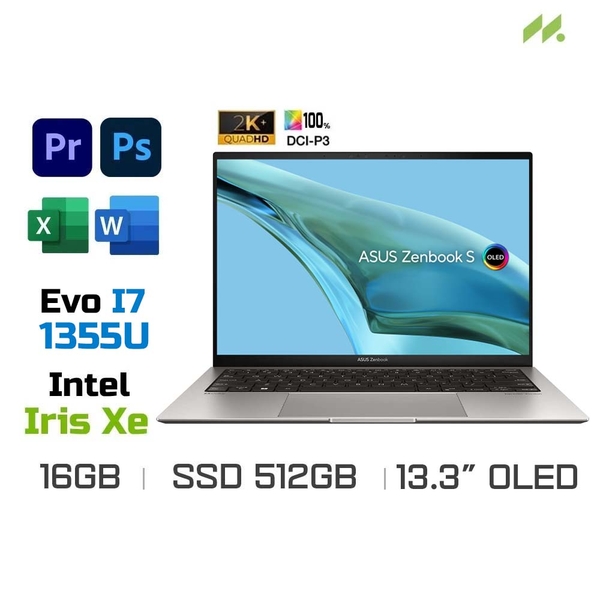 Laptop Asus Zenbook S 13 OLED UX5304VA-NQ125W (i7-1355U EVO, Iris Xe Graphics, Ram 16GB, SSD 512GB, 13.3 Inch OLED 2.8K)