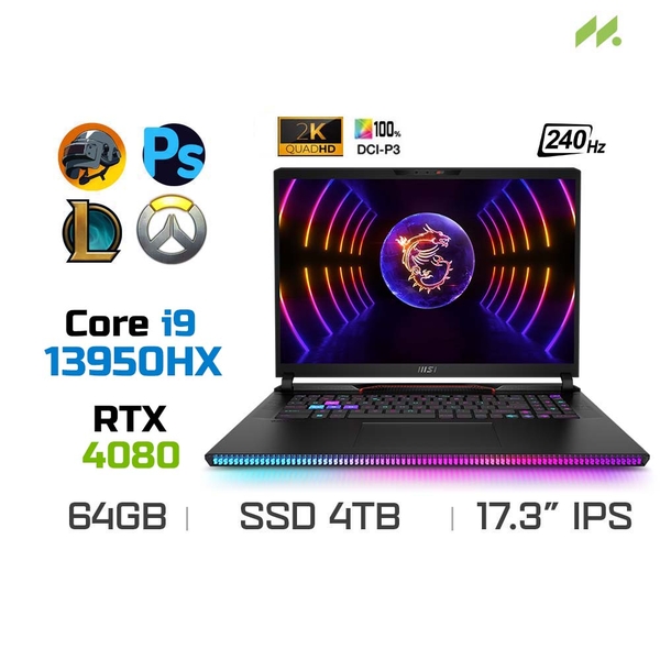 Laptop Gaming MSI Raider GE78 HX 13VH-076VN (i9-13950HX, RTX 4080 12GB, Ram 64GB DDR5, SSD 4TB, 17.3 Inch IPS 240Hz QHD+)