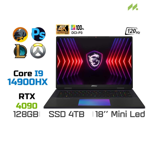 Laptop Gaming MSI Titan 18 HX A14VIG-205VN (i9-14900HX, RTX 4090 16GB, Ram 128GB DDR5, SSD 4TB, 18 Inch Mini Led IPS 120Hz 4K UHD+)