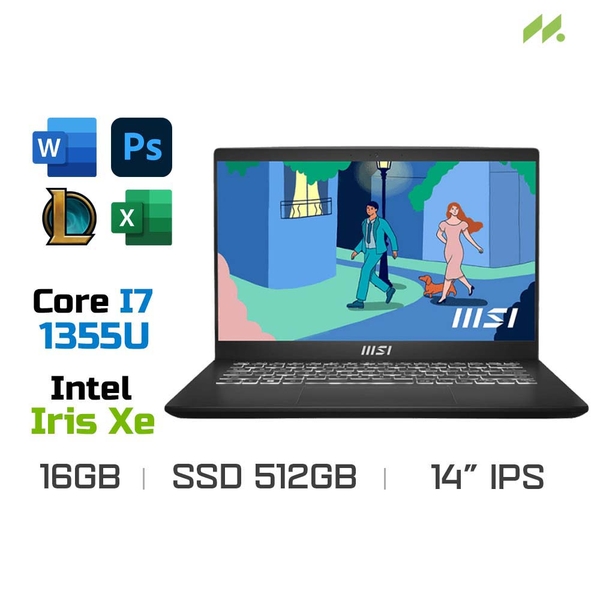 Laptop MSI Modern 14 C13M-607VN (i7-1355U, Iris Xe Graphics, Ram 16GB DDR4, SSD 512GB, 14 Inch IPS FHD)