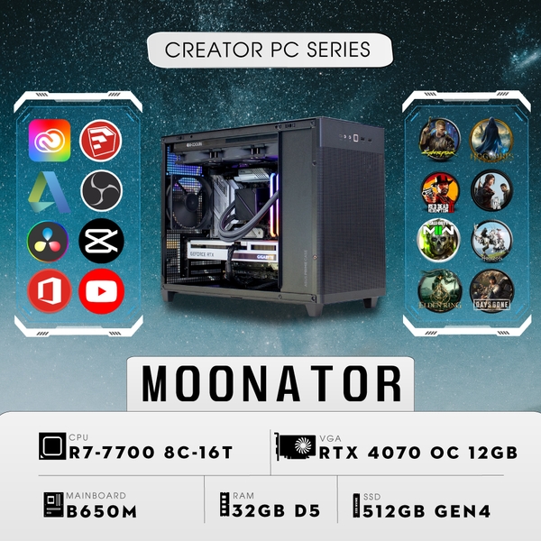 PC ST-MOONATOR R7 (Ryzen 7 7700, RTX 4070 OC 12G, Ram 32GB, SSD 512GB, 850W)