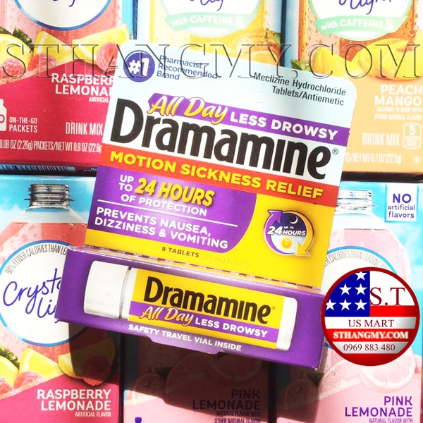 Thuốc say xe Dramamine lọ 8 viên của Mỹ - Không gây buồn ngủ