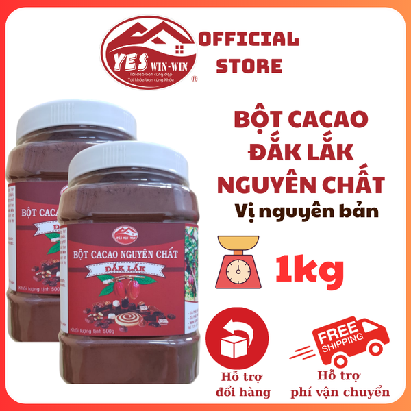 1kg Bột Cacao Nguyên Chất từ Đắk Lắk  - 2 lon 500g Hương vị Thơm Ngon Đậm Đà Không Đường - Yeswinwin