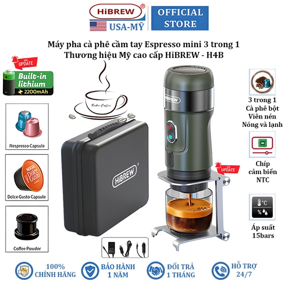 Máy pha cà phê cầm tay Espresso mini 3 trong 1, thương hiệu Mỹ HiBREW cao cấp H4A và H4B