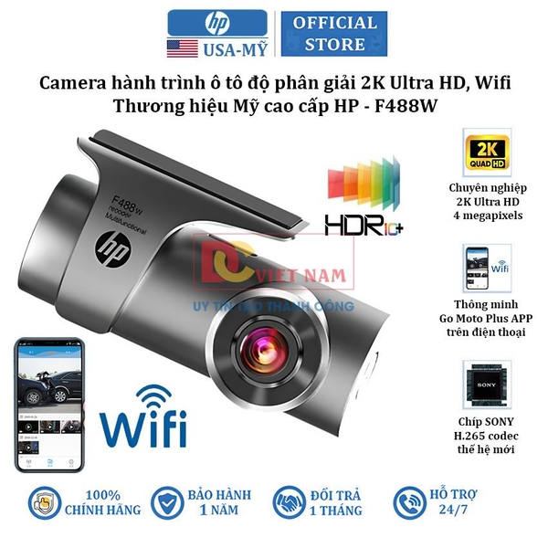 Camera hành trình ô tô độ phân giải 2K Ultra HD, Wifi. Thương hiệu Mỹ cao cấp HP - F488W
