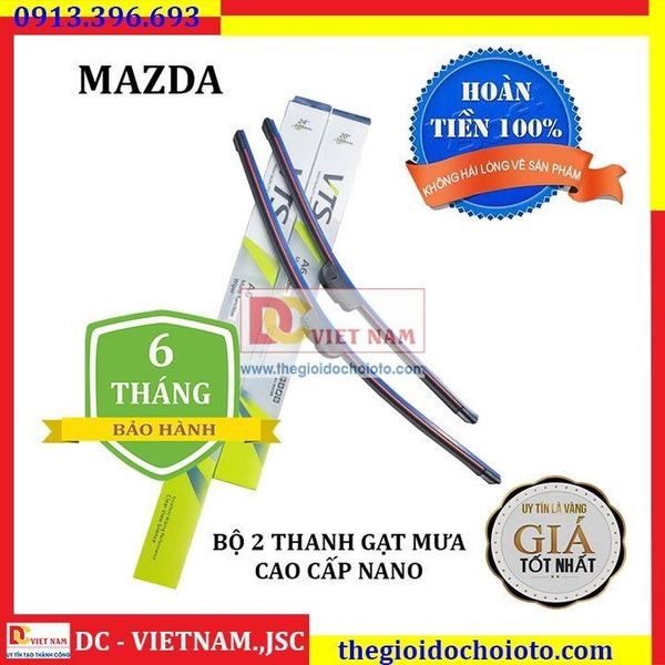 Bộ 2 thanh gạt nước mưa ô tô Nano xương mềm cao cấp dành cho hãng xe Mazda: Mazda2-Mazda3-Mazda6-Mazda CX5-Mazda CX9-BT 50-Premacy