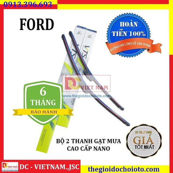 Bộ 2 thanh gạt nước mưa ô tô Nano xương mềm cao cấp dành cho hãng xe Ford: Transit-Ecosport-Everest-Focus-Fiesta-Ranger-Mondeo-Escape-Mustang