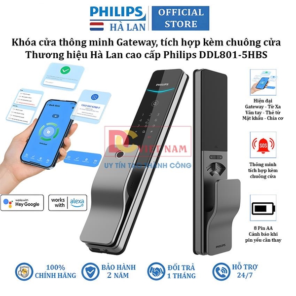 Bộ khóa cửa thông minh Gateway điều khiển từ xa, vân tay, thẻ từ, mật khẩu và chìa cơ, tích hợp kèm chuông cửa. Thương hiệu Hà Lan cao cấp Philips DDL801-5HBS