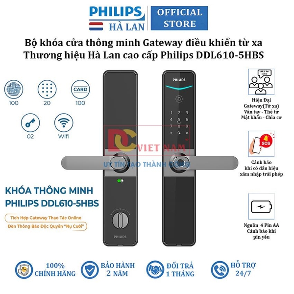 Bộ khóa cửa thông minh Gateway điều khiển từ xa, vân tay, thẻ từ, mật khẩu và chìa cơ. Thương hiệu Hà Lan cao cấp Philips DDL610-5HBS