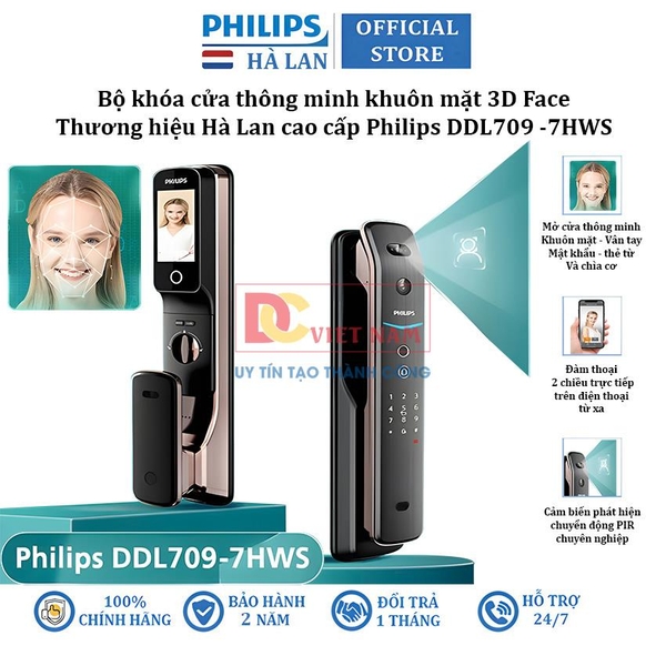 Bộ khóa cửa thông minh khuôn mặt 3D Face, vân tay, thẻ từ, mật khẩu và chìa cơ. Thương hiệu Hà Lan cao cấp Philips DDL709-7HWS