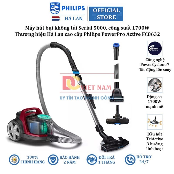 Máy hút bụi không túi Philips PowerPro Active FC8632, Serial 5000, công suất 1700W