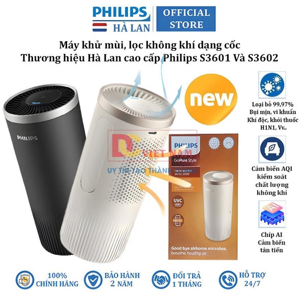 Máy khử mùi, lọc không khí dạng cốc trên xe ô tô. Thương hiệu Hà Lan cao cấp Philips - S3601 Và S3602