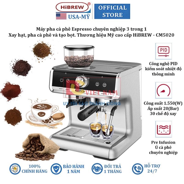 Máy pha cà phê Espresso chuyên nghiệp 3 trong 1, thương hiệu Mỹ cao cấp HiBREW - CM5020