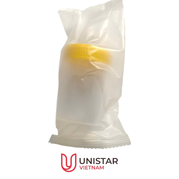 Lọ mẫu phân nhựa PP 60mL, nắp vàng, có nhãn, tiệt trùng