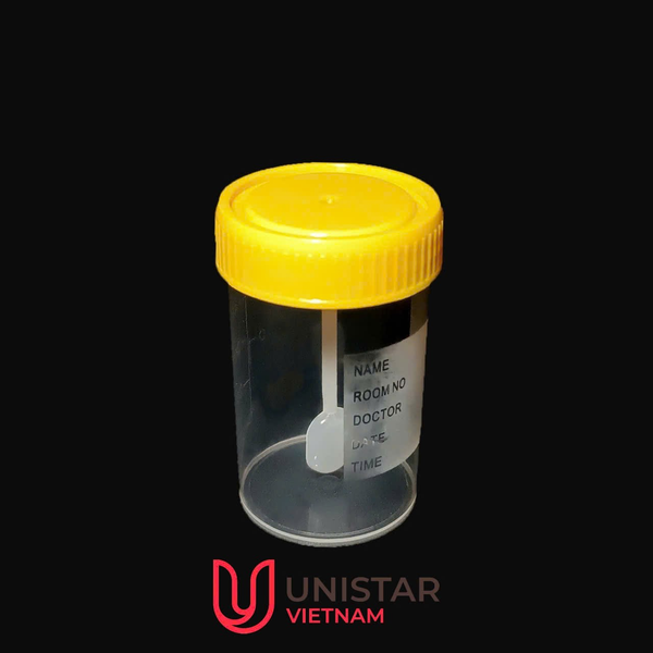Lọ mẫu phân nhựa PP 60mL, nắp vàng, có nhãn