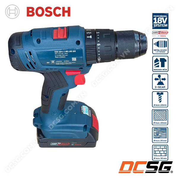 Máy khoan động lực dùng pin 18V GSB 183-LI (2 pin) Bosch 06019K91K0