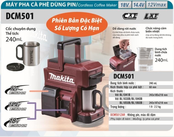 Máy pha cà phê dùng pin 18V Makita DCM501ZAR (không pin sạc)